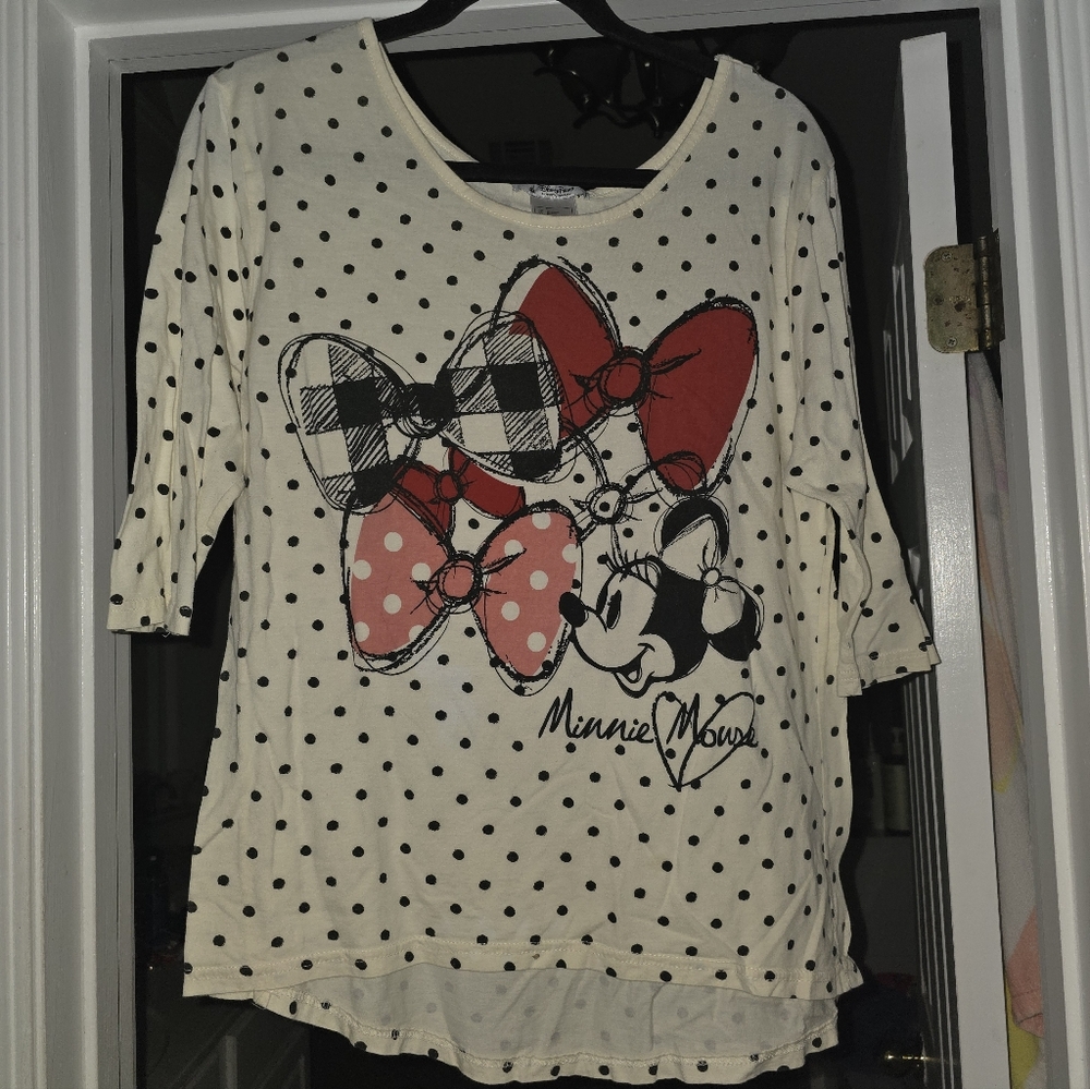 Disney Minnie Mouse Bow Print 3/4 Sleeve Tee - Cream and Black